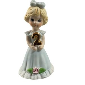 1981 Enesco Growing Up Birthday Girls Blonde Age 2 Figurine Blue Dress 3” Tall